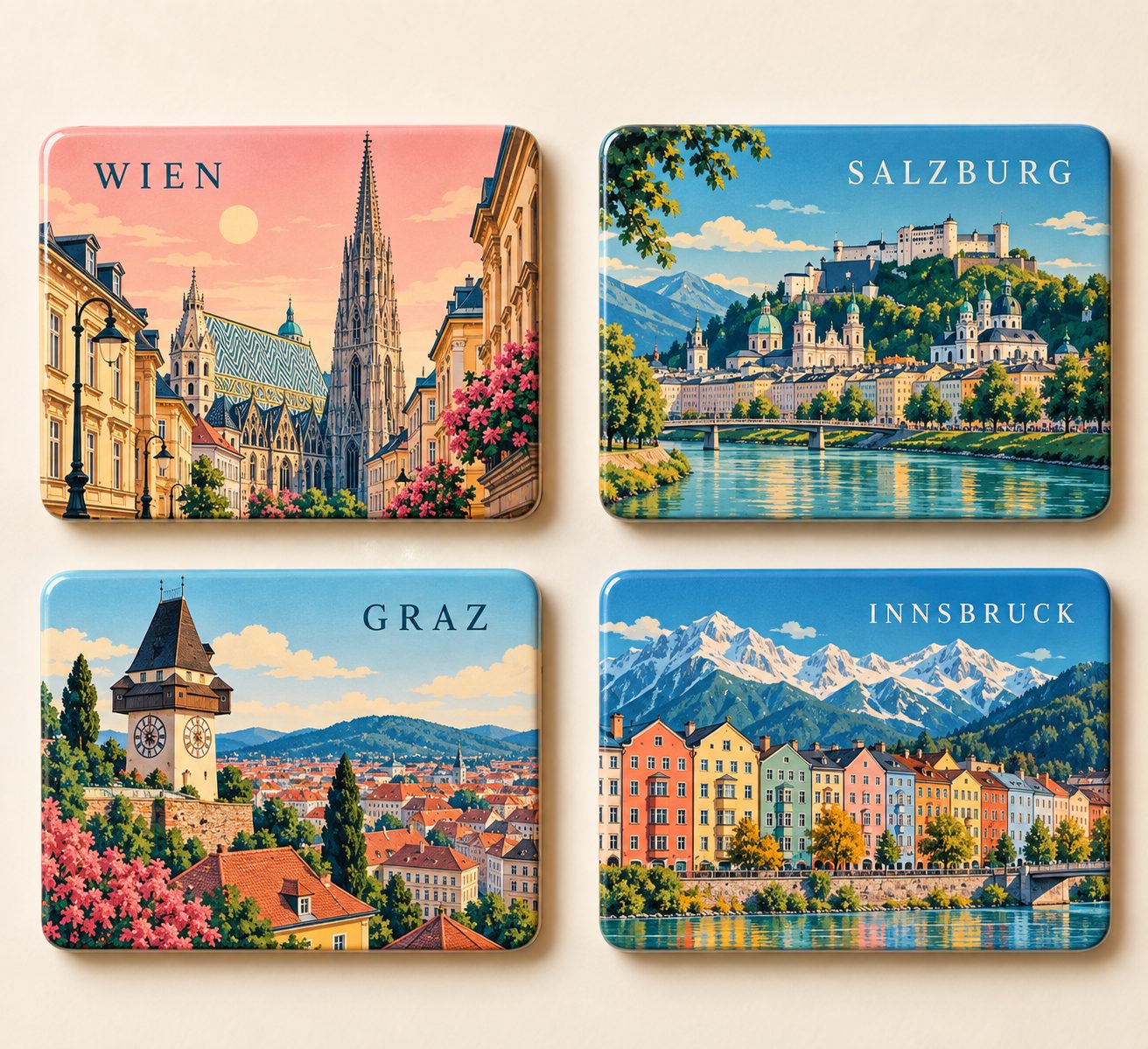 Concept visualisation: magnets with motifs from Austrian cities