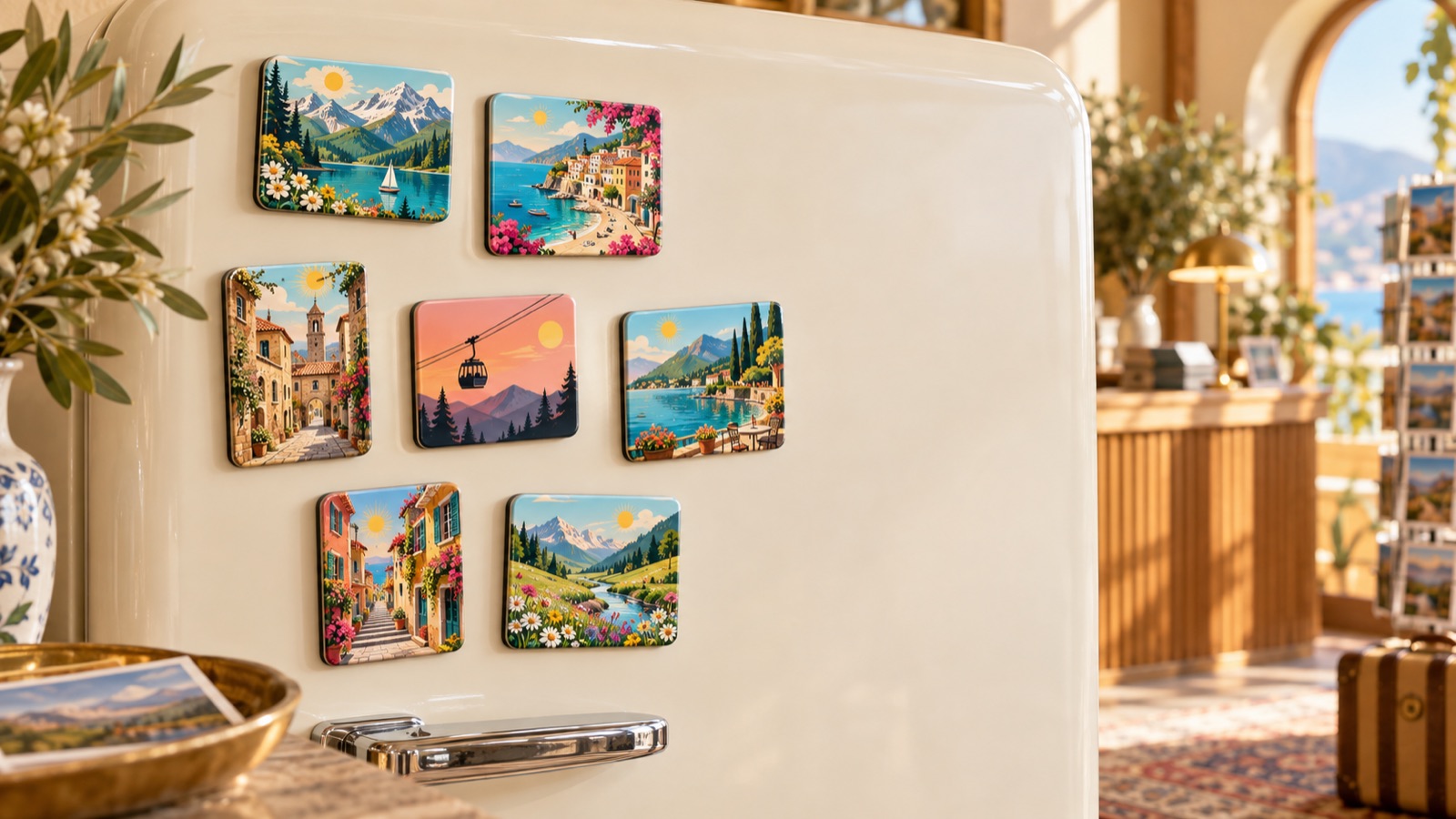 Colourful holiday magnets with mountain, lake and town motifs on a fridge (concept visualisation)