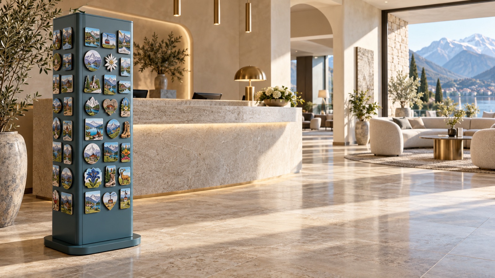 Concept image: hotel lobby with a magnet display