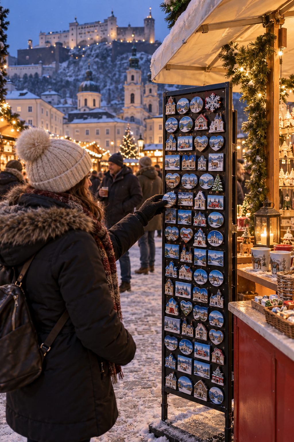 AI visualisation: winter market stall with a magnet selection