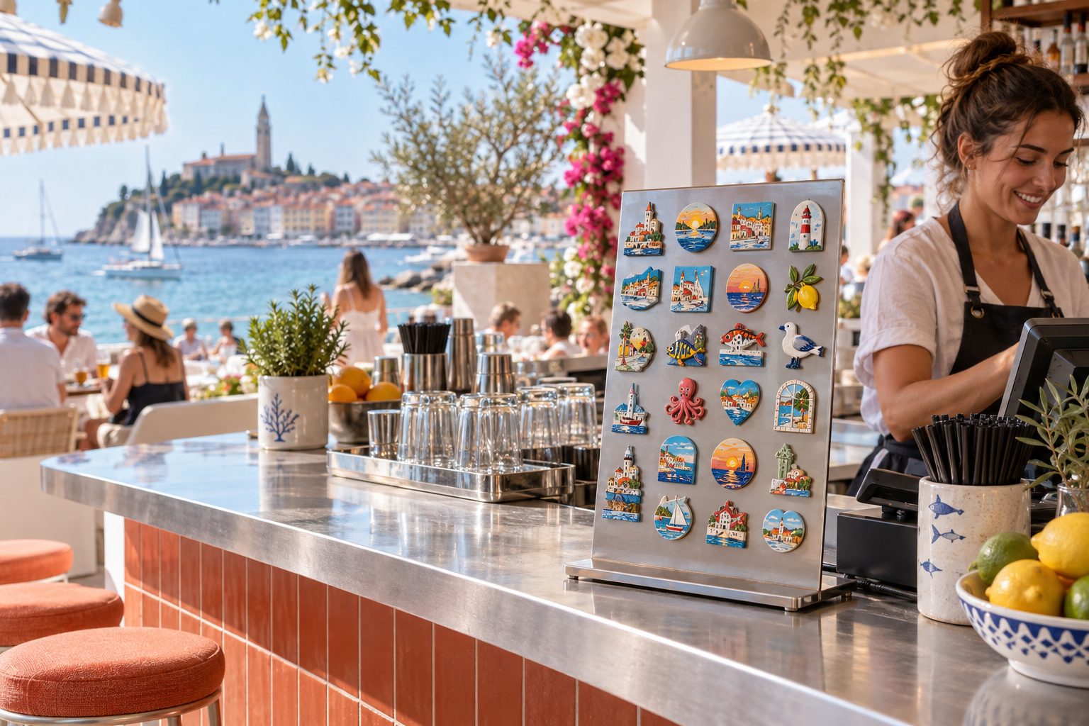 AI visualisation: beach bar with a small magnet display on the counter