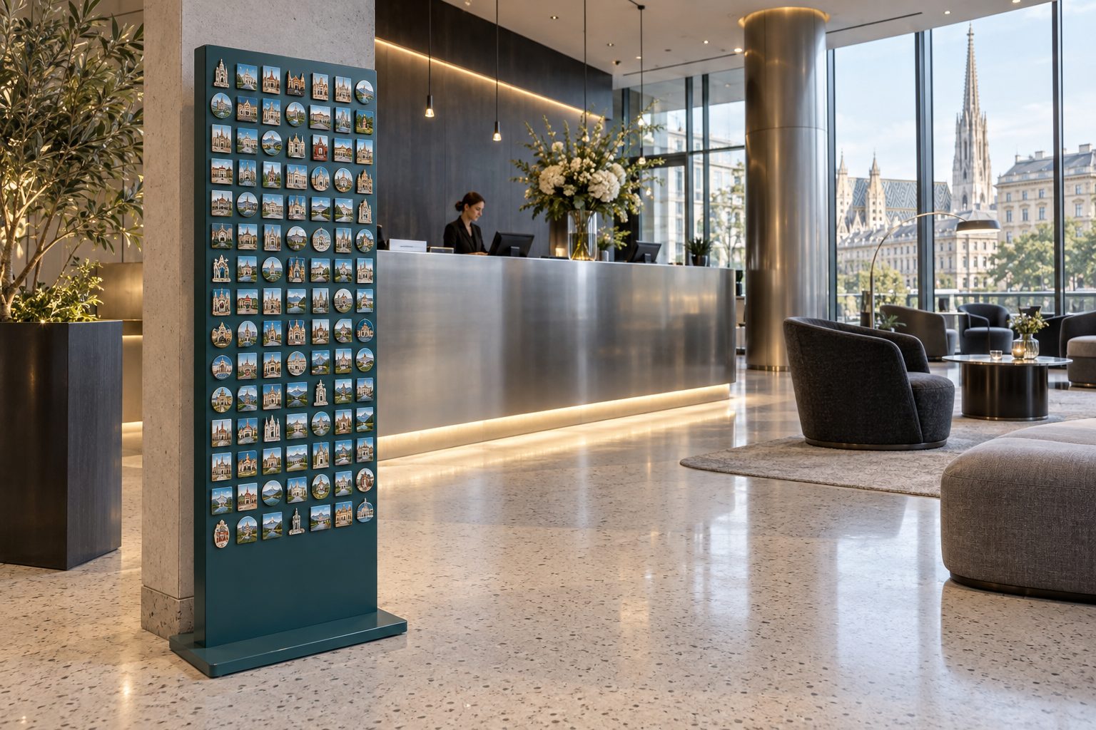AI visualisation: hotel lobby with a small magnet display at reception