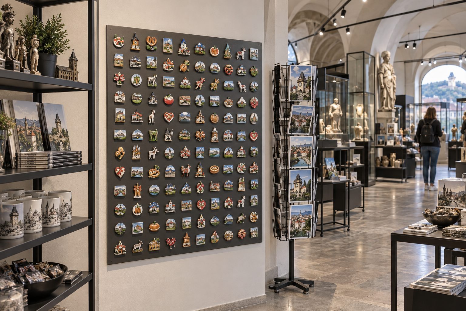 AI visualisation: museum shop with a magnet display at the till