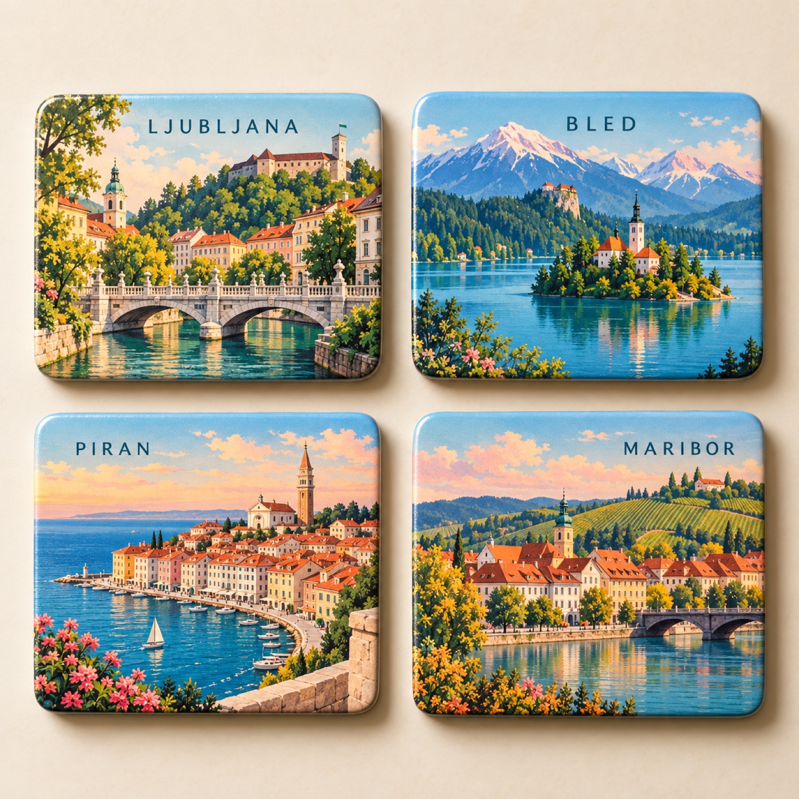 Concept visualisation: magnets with motifs from Slovenian towns